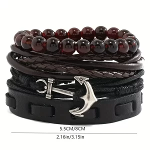 Men, 4-Piece Leather and Alloy Bracelets Waxed